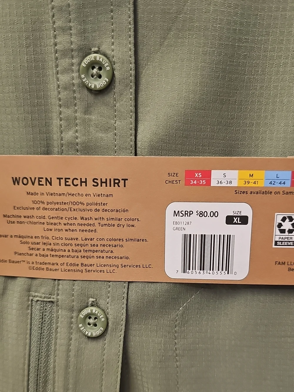 Eddie Bauer Men's Tech Woven Shirt in Green. NWT. Size XL.